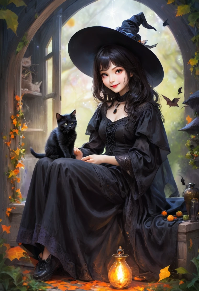  witch, gracefully sitting playing with a black kitten,magical background 