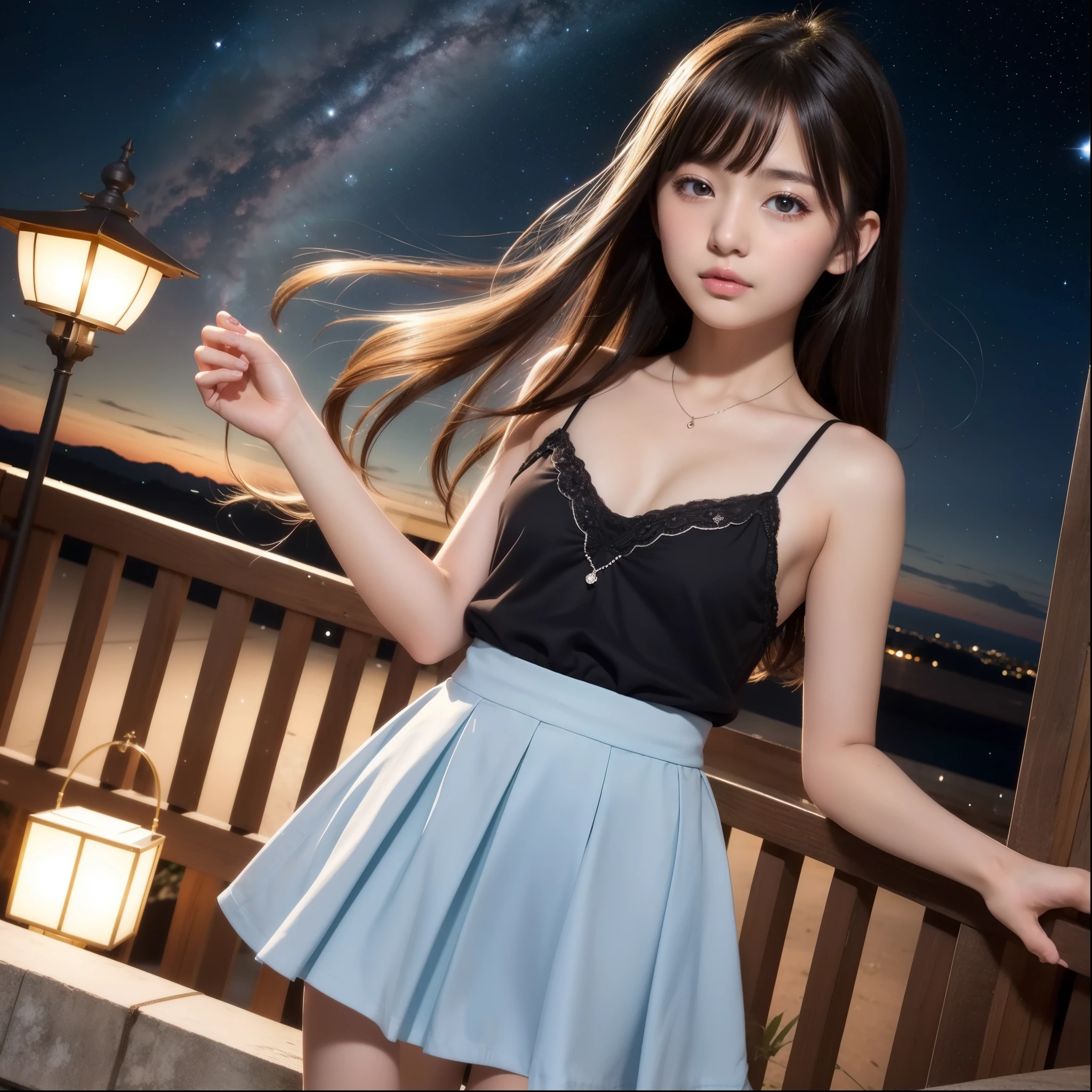 Beautiful images、universe、Fantasy、Shooting start or swarm、 Girl、black eye、Hair length、Starry Sky、Japanese、high school girl、camisole、Fluttering mini skirt、