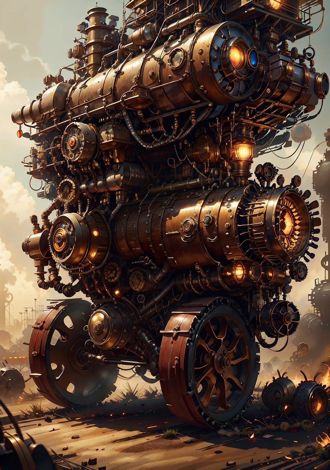 a beautiful steampunk woman, full body shot, in a mine extracting minerals with large steampunk machinery, steampunk, cinematic lighting, highly detailed, 8k, photorealistic, dramatic composition, intricate steampunk design, glowing machinery, rugged and industrial environment, warm color tones, dramatic shadows and highlights, mechanical gears and pipes, goggles, leather clothing, steampunk accessories