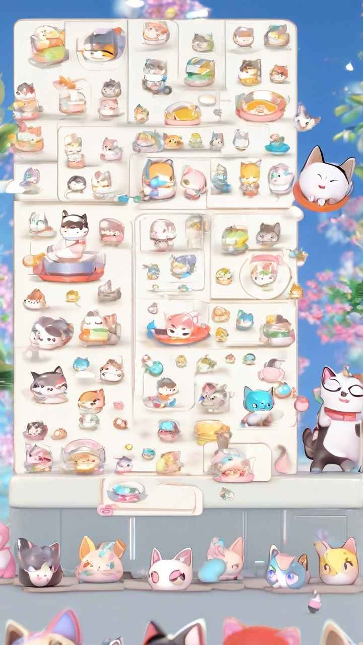 3d adorable and cute chibi cat characters, a group of cute chibi cat characters in bottom screen are looking at entertainment up, random gender, random expression.