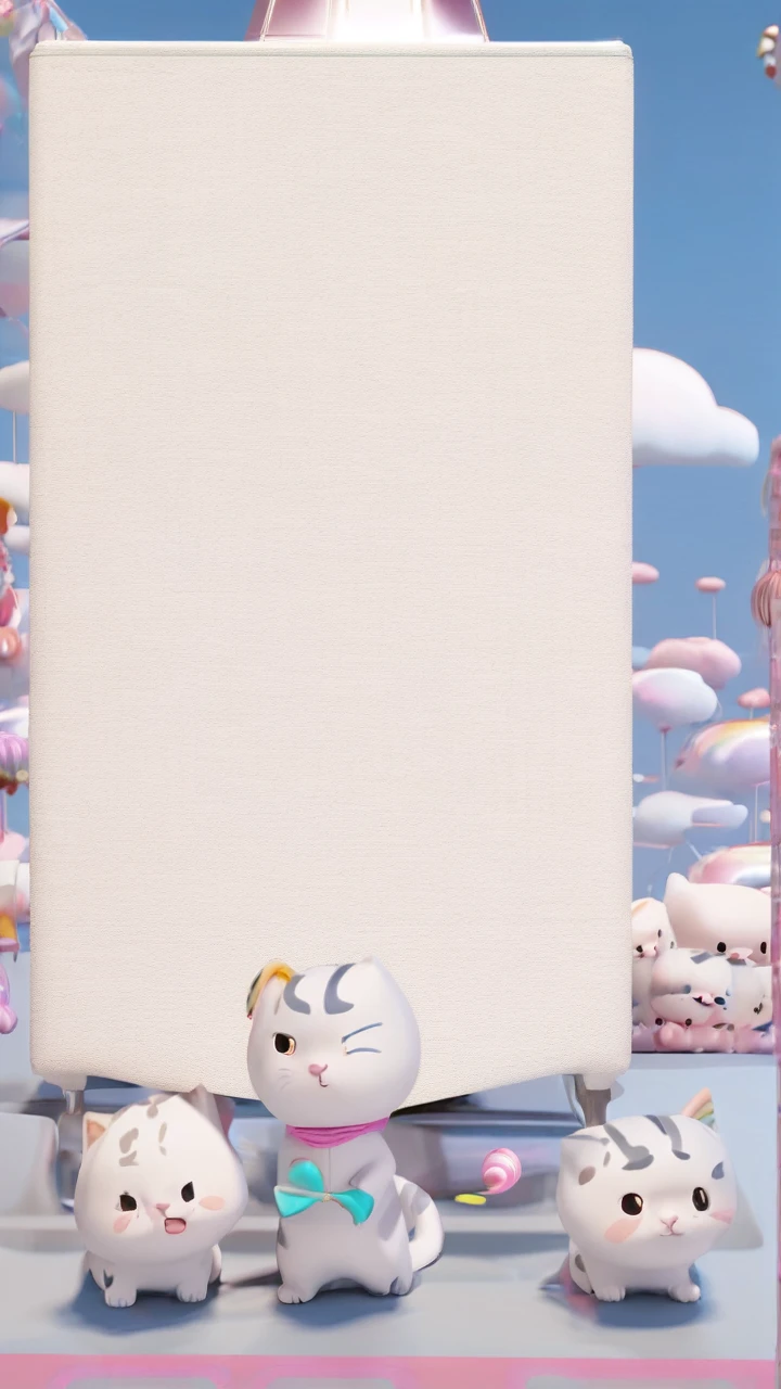 3d adorable and cute chibi cat characters, a group of cute chibi cat characters in bottom screen are looking at entertainment up, random gender, random expression.