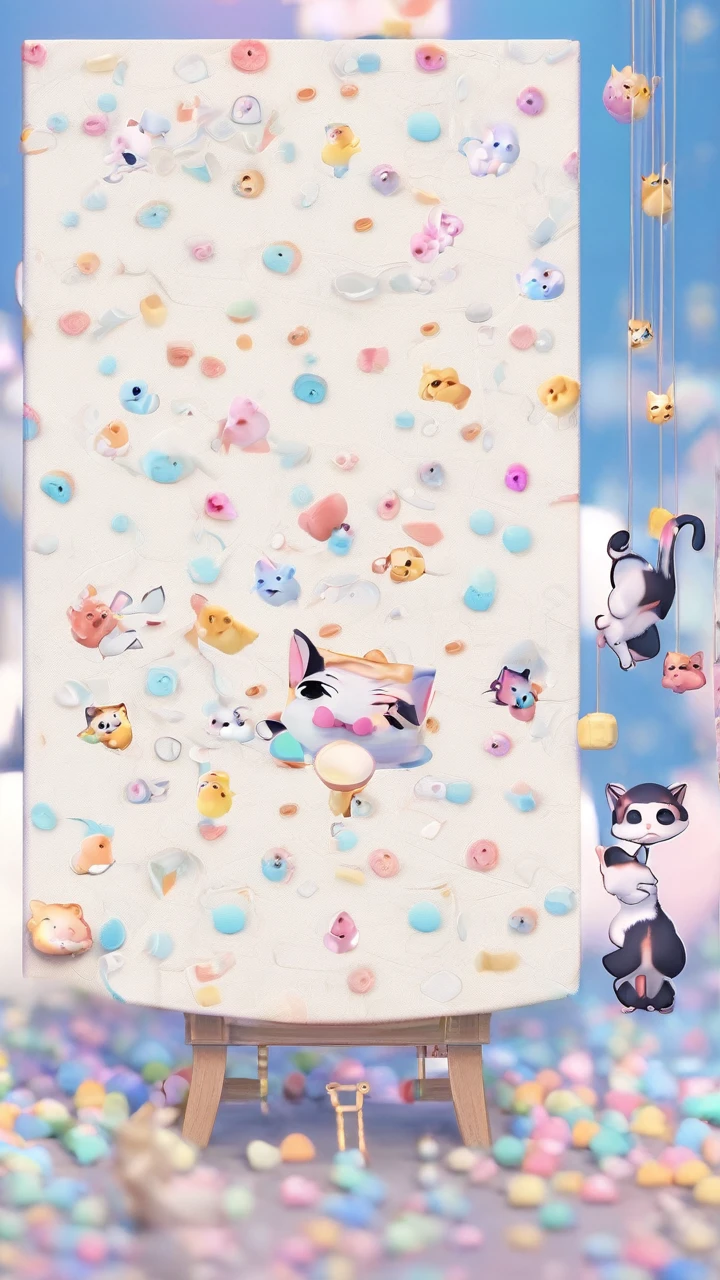 3d adorable and cute chibi cat characters, a group of cute chibi cat characters in bottom screen are looking at entertainment up, random gender, random expression.
