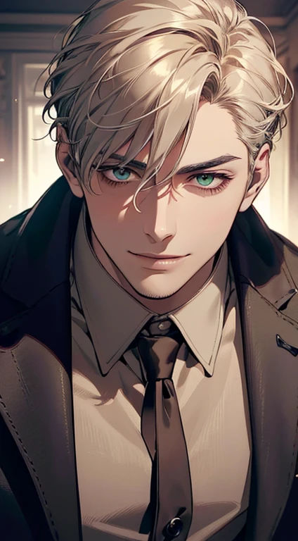 ((a mature man, very handsome, smile in love, short grey golden hair, green eyes, perfect face without errors)), ((buttoning the jacket, CEO)), (best quality, masterpiece, 8K, photorealistic, cinematic lighting, hdr image, ultra detailed, beautiful image), (portrait, detailed facial features, intricate textures, realistic skin tones, highly detailed, ultra-realistic), (warm lighting, soft shadows, dramatic lighting), (muted color palette, rich tones), (professional photography, high resolution, studio lighting)