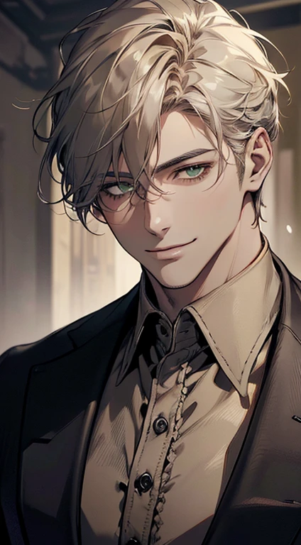 ((a mature man, very handsome, smile in love, short grey golden hair, green eyes, perfect face without errors)), ((buttoning the jacket, CEO)), (best quality, masterpiece, 8K, photorealistic, cinematic lighting, hdr image, ultra detailed, beautiful image), (portrait, detailed facial features, intricate textures, realistic skin tones, highly detailed, ultra-realistic), (warm lighting, soft shadows, dramatic lighting), (muted color palette, rich tones), (professional photography, high resolution, studio lighting)