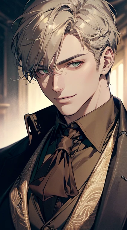 ((a mature man, very handsome, smile in love, short grey golden hair, green eyes, perfect face without errors)), ((buttoning the jacket, CEO)), (best quality, masterpiece, 8K, photorealistic, cinematic lighting, hdr image, ultra detailed, beautiful image), (portrait, detailed facial features, intricate textures, realistic skin tones, highly detailed, ultra-realistic), (warm lighting, soft shadows, dramatic lighting), (muted color palette, rich tones), (professional photography, high resolution, studio lighting)