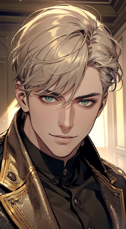 ((a mature man, very handsome, smile in love, short grey golden hair, green eyes, perfect face without errors)), ((buttoning the jacket, CEO)), (best quality, masterpiece, 8K, photorealistic, cinematic lighting, hdr image, ultra detailed, beautiful image), (portrait, detailed facial features, intricate textures, realistic skin tones, highly detailed, ultra-realistic), (warm lighting, soft shadows, dramatic lighting), (muted color palette, rich tones), (professional photography, high resolution, studio lighting)