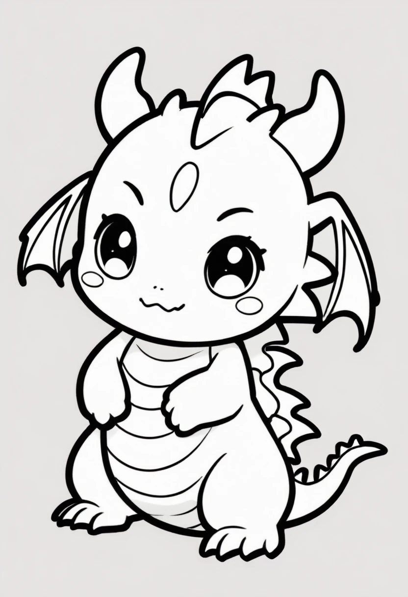 a kawaii dragon , outline black and white