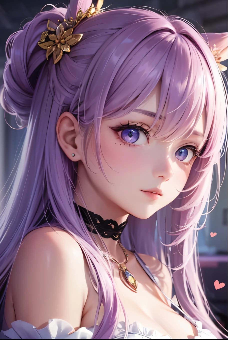 masterpiece,highest quality, Very detailed, High resolution, expensive resolution, High resolution, 4K, 8k, unity 8k wallpaper, Very detailed CG, masterpiece,  2D, 3D, Beautiful details, depth, Fine texture , highest quality: 1.3, Fully focused, Crispy.skin, .he,
Very cute anime girl 、idol, Large Breasts、Pink medium-long hair wearing expensive ,  Mole under the eye, looking at the viewer , expensive , blush, Mole, Lips parted,  Pink Eyes, Heart-shaped choker smile