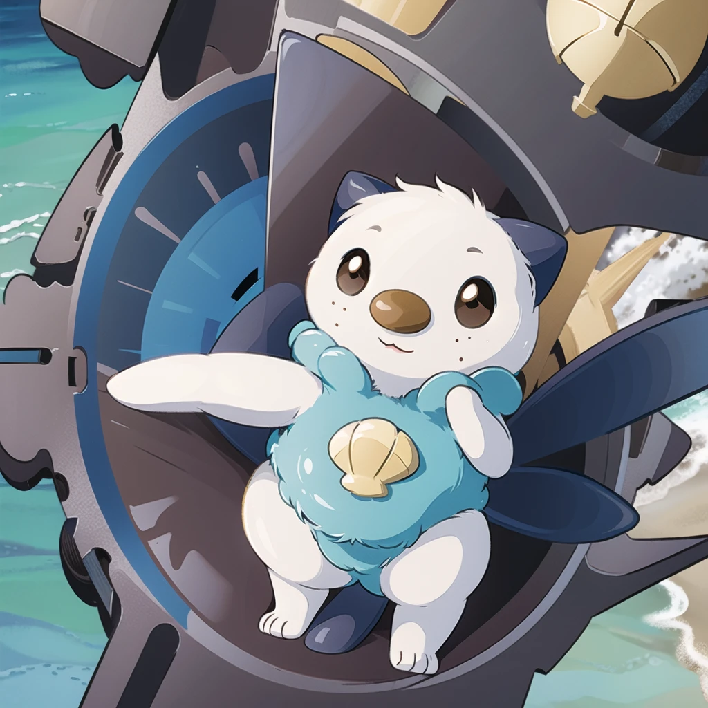 oshawott, furry, chibi, black eyes, solo, seashell, body fur, (best quality), beach background, detailed fluffy fur, looking at viewer, whiskers, smile, nose, (tail:1.1),