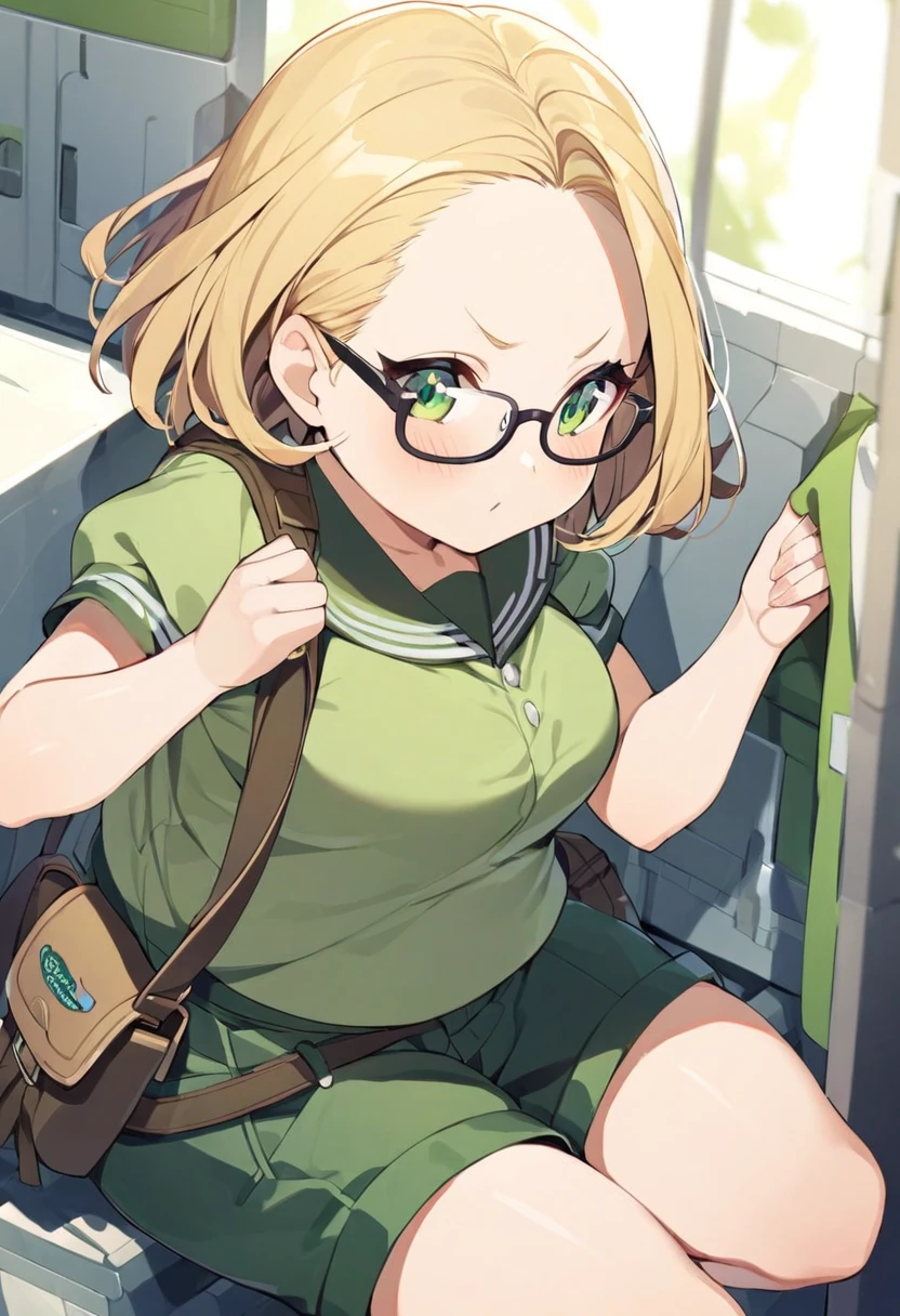 girl, chubby girl, blonde, green eyes, medium length hair, open forehead, no bangs, square-rimmed black glasses, short green shorts, shorts, shirt, green shirt, short sleeves, scout clothing style