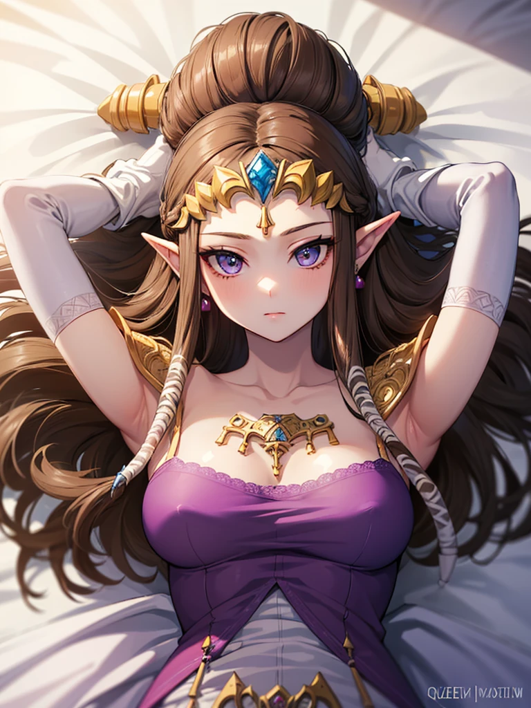 ((((((Arms above head)))))),((Princess Zelda)),((the legend of zelda)),((Front face)),((upper body)),Anime art style,masterpiece,(Dark brown hair), (Very detailed),(Very delicate and beautiful),(alone),((((pov)))),(Detailed face and eyes),Beautiful eyes like jewels,(Purple blouse),(((Mature Woman,Queen))),((1 Queen in a beautiful)),((crinoline)),(((Long Straight Hair))),(Very beautiful mature woman),,length_gloves,hair accessory,Sparkling,((Lying in bed))