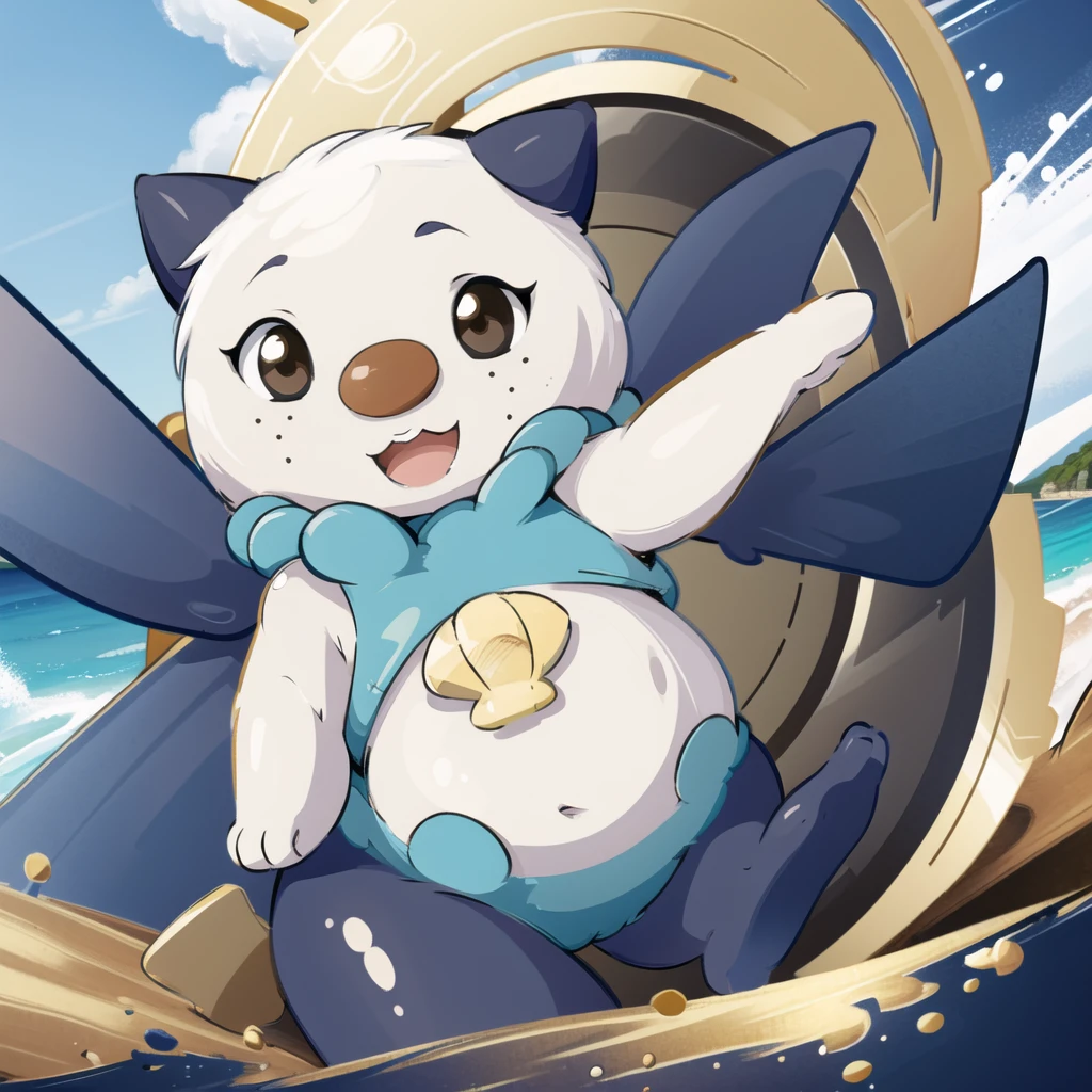 oshawott, furry, chibi, black eyes, solo, seashell, body fur, (best quality), beach background, detailed fluffy fur, looking at viewer, whiskers, smile, nose, (tail:1.1), 