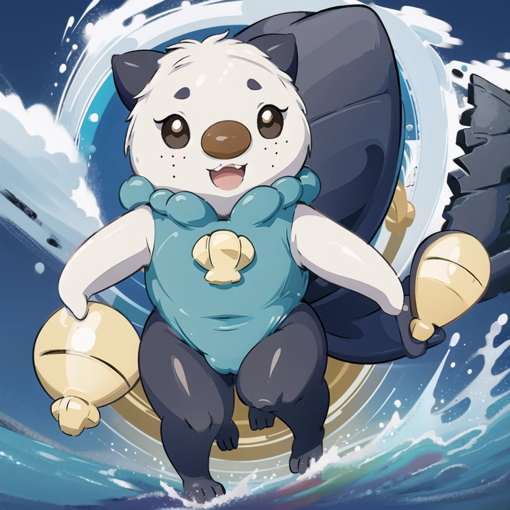 oshawott, furry, chibi, black eyes, solo, seashell, body fur, (best quality), beach background, detailed fluffy fur, looking at viewer, whiskers, smile, nose, (tail:1.1),