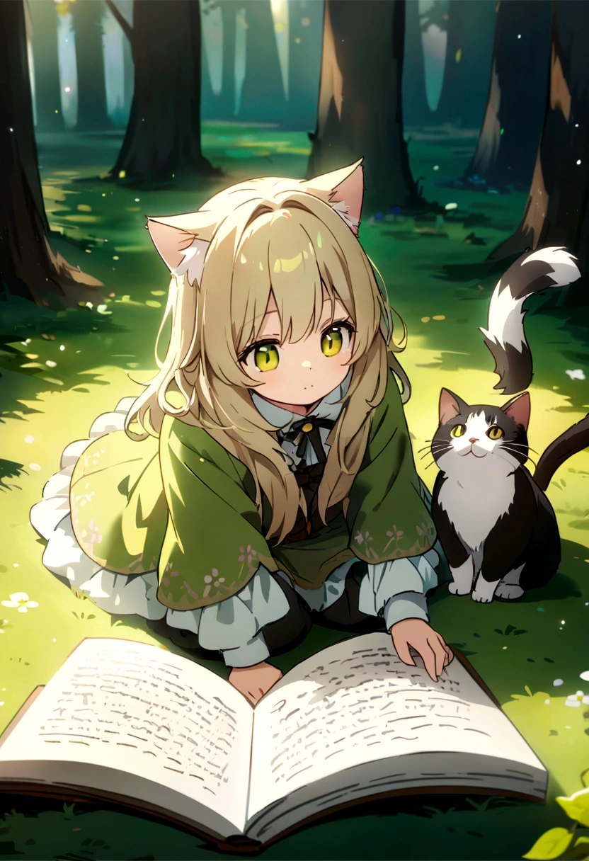 Highest quality、masterpiece、Detailed CG、cute cat、Norwegian Forest Cat、Handwritten style、icon、Yellow-green eyes、Sitting on a floating book