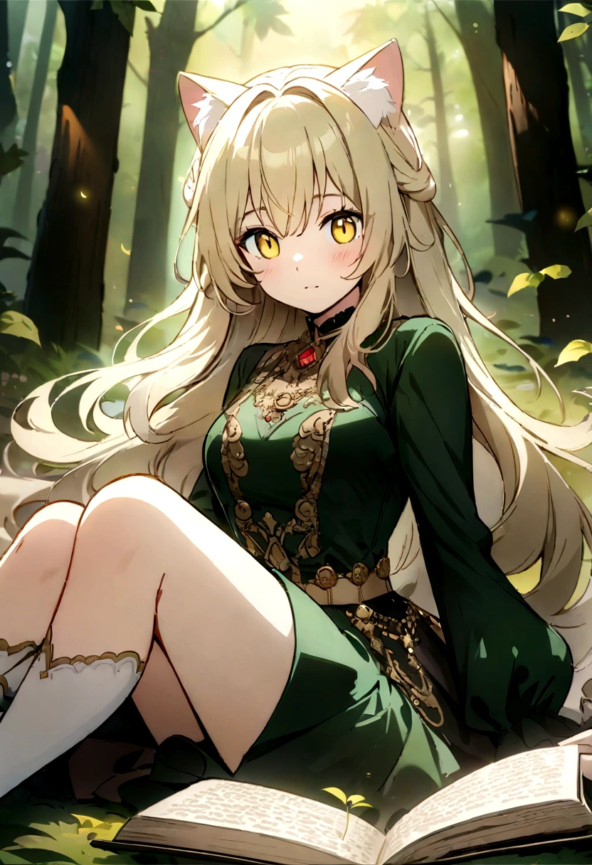 Highest quality、masterpiece、Detailed CG、cute cat、Norwegian Forest Cat、Handwritten style、icon、Yellow-green eyes、Sitting on a floating book