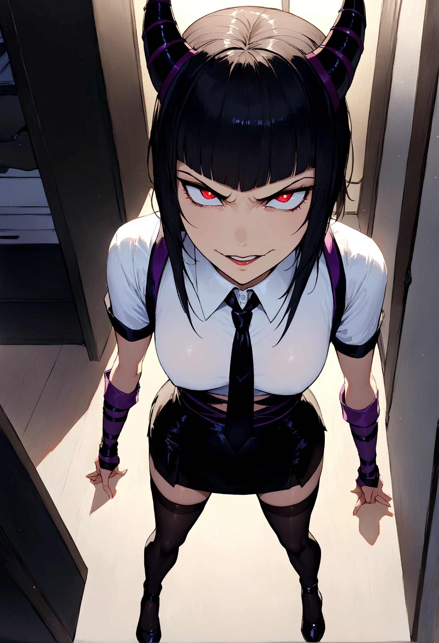 juri han, work of art, tight white secretary shirt with black tie, black high waist skirt, short skirt,stocking, black hair, black tightscary sun,office,bangs on the eyes,Lighting,horn of hair,view from above,staring overhead,evil smile