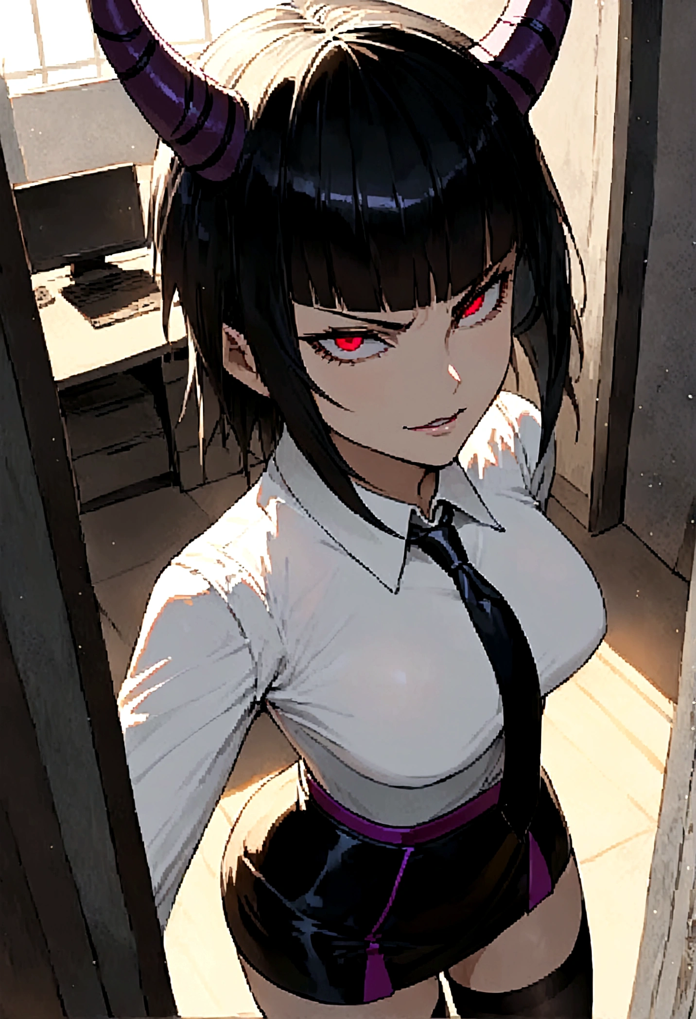 独奏,juri han, work of art, tight white secretary shirt with black tie, black high waist skirt, short skirt,stocking, black hair, black tights,office,bangs on the eyes,lighting,horn of hair,view from above,staring overhead,brava,Angry ,evil smile