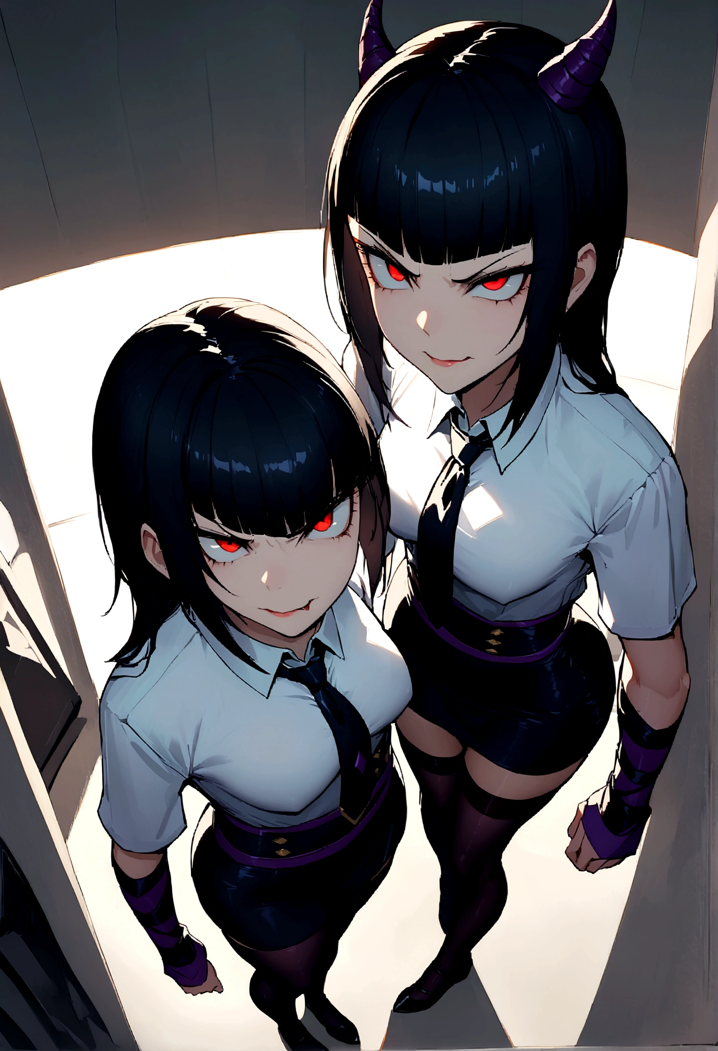 独奏,juri han, work of art, tight white secretary shirt with black tie, black high waist skirt, short skirt,stocking, black hair, black tights,office,bangs on the eyes,lighting,horn of hair,view from above,staring overhead,brava,Angry ,evil smile