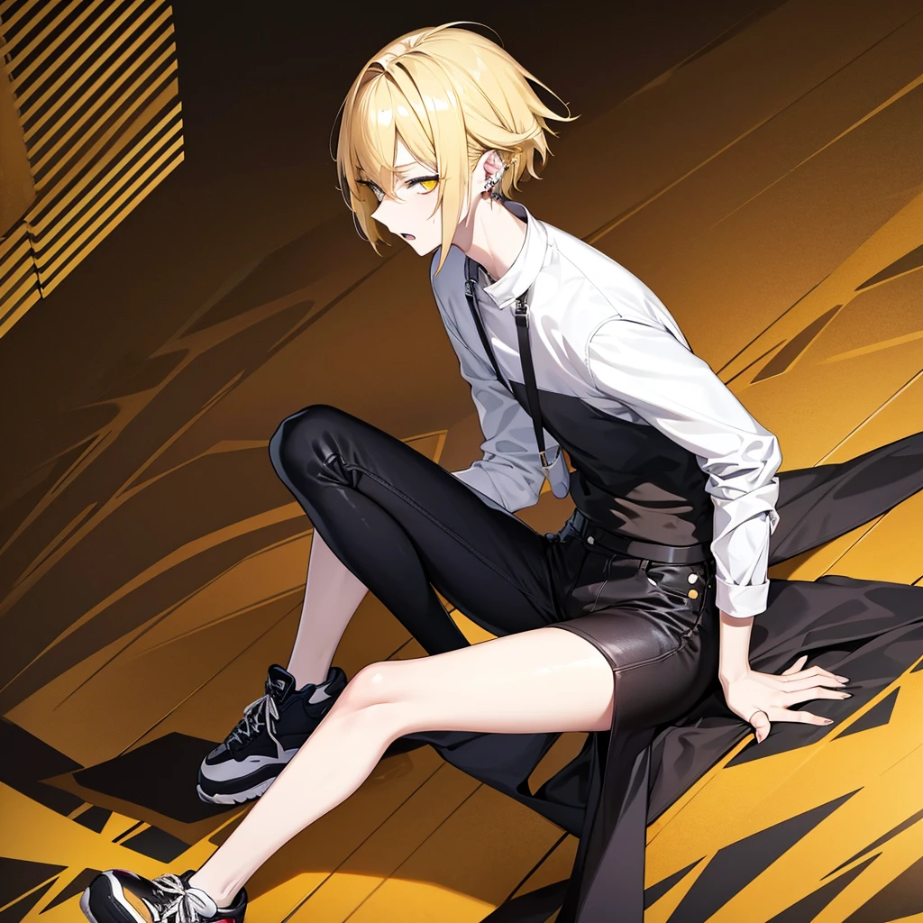 Anime tall blond guy, yellow pupils, slightly pale skin sharp teeth, small ear piercing, black himself, black jeans with holes in the knees, Black sneakers, Background Night City