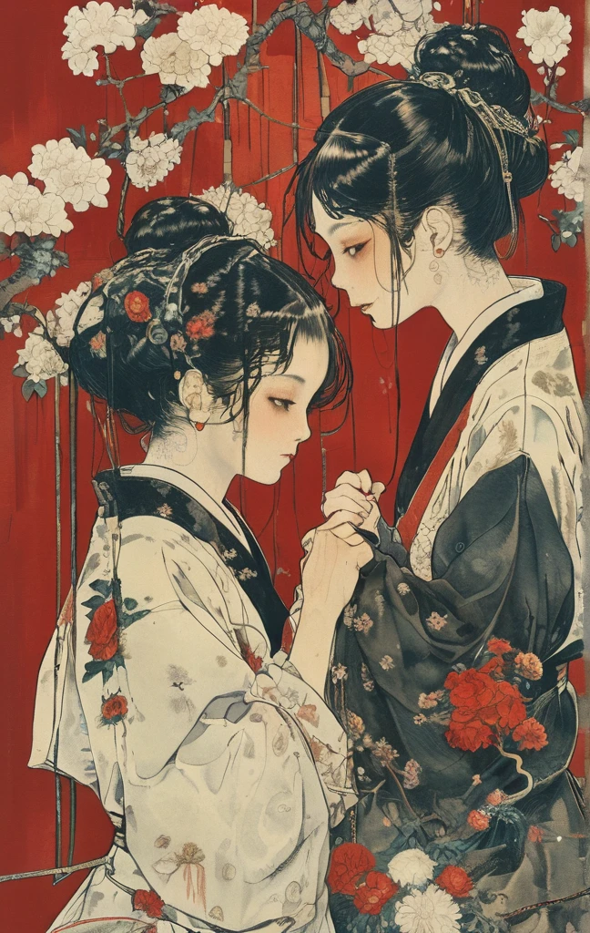 japanese line art    , two  girls in a garden tying each other up with chains and rope, knots, bdsm , floral damask background ,  in the style of  takato yamamoto   