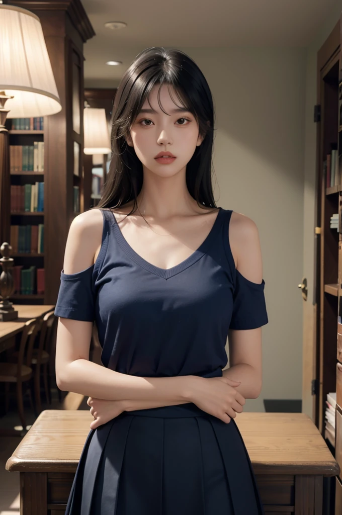 1girl,solo,(lshort-sleeved JK_sailor),JK_style,(dark blue JK_skirt),(bow JK_tie),(Inside the library:1.2),realistic,fully body,black hair,long hair,black eyes,lips,parted lips,collarbone,bare shoulders,portrait,nose,Best quality,masterpiece,ultra high res,(photorealistic:1.4),raw photo,