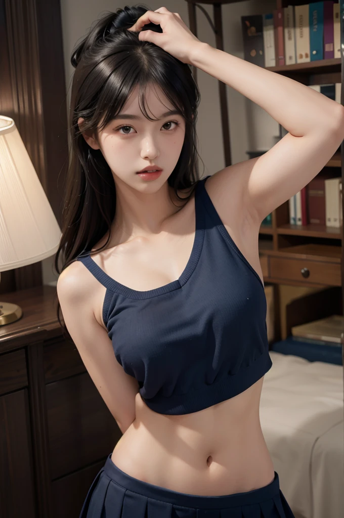 1 Girl,Solitary,(Short-sleeved JK_sailor),JK_style,(Dark blue JK_skirt),(bowJK_tie),(Inside the library:1.2),Practical,whole body,Black Hair,Long hair,black eyes,Lips,parted Lips,clavicle,Bare shoulders,portrait,nose,best quality,masterpiece,Ultra-high resolution,(photoPractical:1.4),RAW photos,