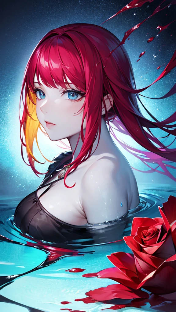 Abstract, (Simple water splash:0.6),((Colorful portrait 1 girl)), (Shiny Veins), (((Paint Splash))), ((lomasterpiece:1.2)), Best Quality, (Bright scarlet rose:1.4), masterpiece, High resolution, unrealistic, Highly detailed wallpaper, Perfect Lightning, Absurd, (Extremely detailed CG:1.2), Vivid details