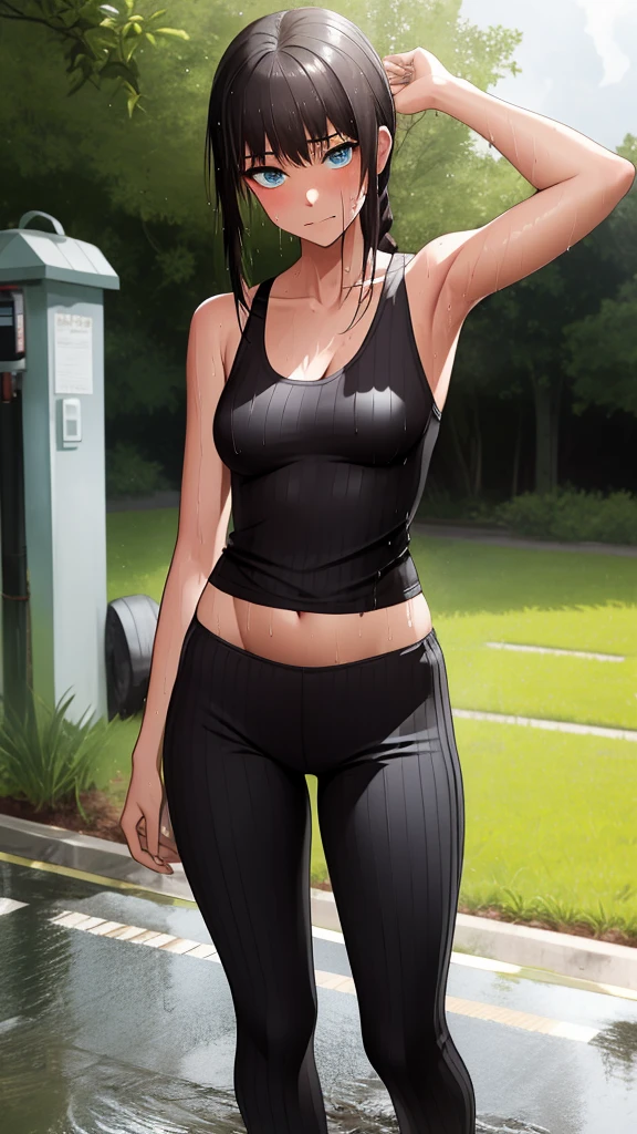 High quality, middle Ages aunty, mature aunt wearing long white tanktop, long white tanktop, long strict tanktop, white Strict Tanktop, small long ribbed tank top, big Strap tank top covering stomache, big strap white tanktop, wet tanktop, sweating, sweating armpit, short house Pants, black short sext Pants, Outdoor, Beside the road, wet armpits because of sweating, looking at armpit, medium long straight ponytail cut long hair, long hair cute girl, pretty face, delicate face, blue eyes, full body, sad expression