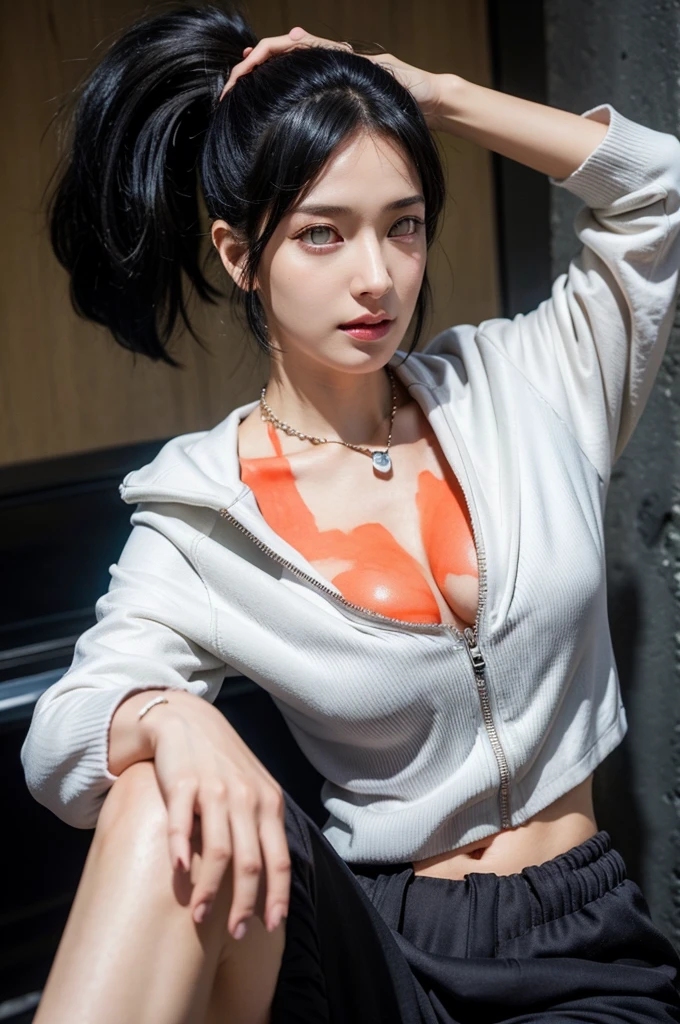 (masterpiece, best quality:1.4), (close up:2), (face focus:1.5) (european youth:1), 1girl, AdultEris, 1girl, red_hair, solo, long_hair, breasts, large_breasts, red_eyes, brown_chaps, brown_shorts, navel, hairband, brown_coat_white_fur, midriff, hand_on_hip, inner_thighs, annoyed, tsundere, glaring, looking at viewer, beautiful face, (highly detailed face:1), (highly detailed eyes:1), highly detailed skin, skin pores, subsurface scattering, realistic pupils, medium breast, full face blush, full lips, detailed background, depth of field, volumetric lighting, sharp focus, absurdres, realistic proportions, good anatomy, (realistic, hyperrealistic:1.4), 16k hdr,