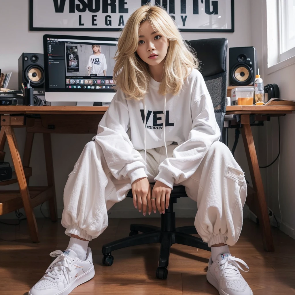 fullbody shot of a Indonesian woman with blonde layered hair sitting on the chair with pop punk style, woman in white streetwear and pants, on the streetwear says "VEL" "VISUAL EDITING LEGACY", female streetwear with long hands, candid pose, outlive streetwear collection, the background of the photo editor's room says "VISUAL EDITING LEGACY", Taken using Sony Alpha α7CR full-frame, photorealistic, UHD 1536px, high quality photo.