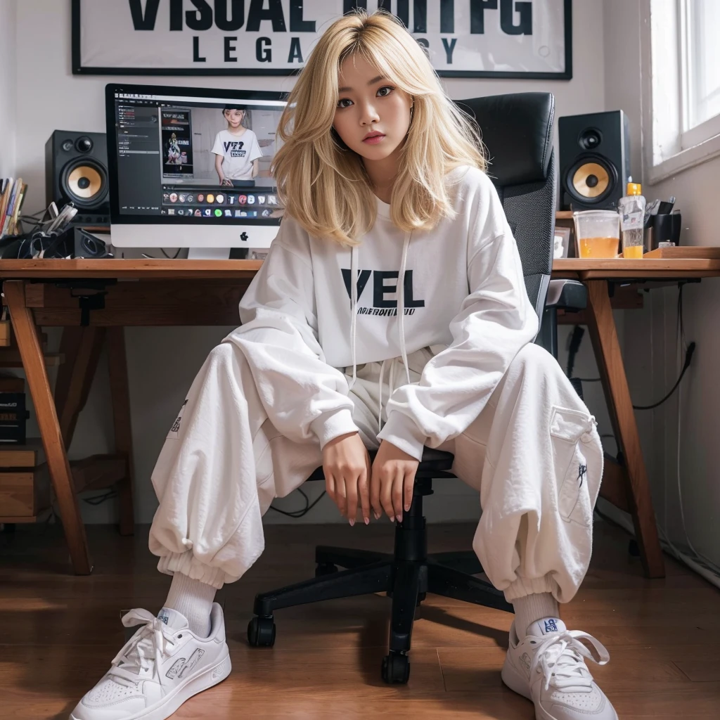 fullbody shot of a Indonesian woman with blonde layered hair sitting on the chair with pop punk style, woman in white streetwear and pants, on the streetwear says "VEL" "VISUAL EDITING LEGACY", female streetwear with long hands, candid pose, outlive streetwear collection, the background of the photo editor's room says "VISUAL EDITING LEGACY", Taken using Sony Alpha α7CR full-frame, photorealistic, UHD 1536px, high quality photo.