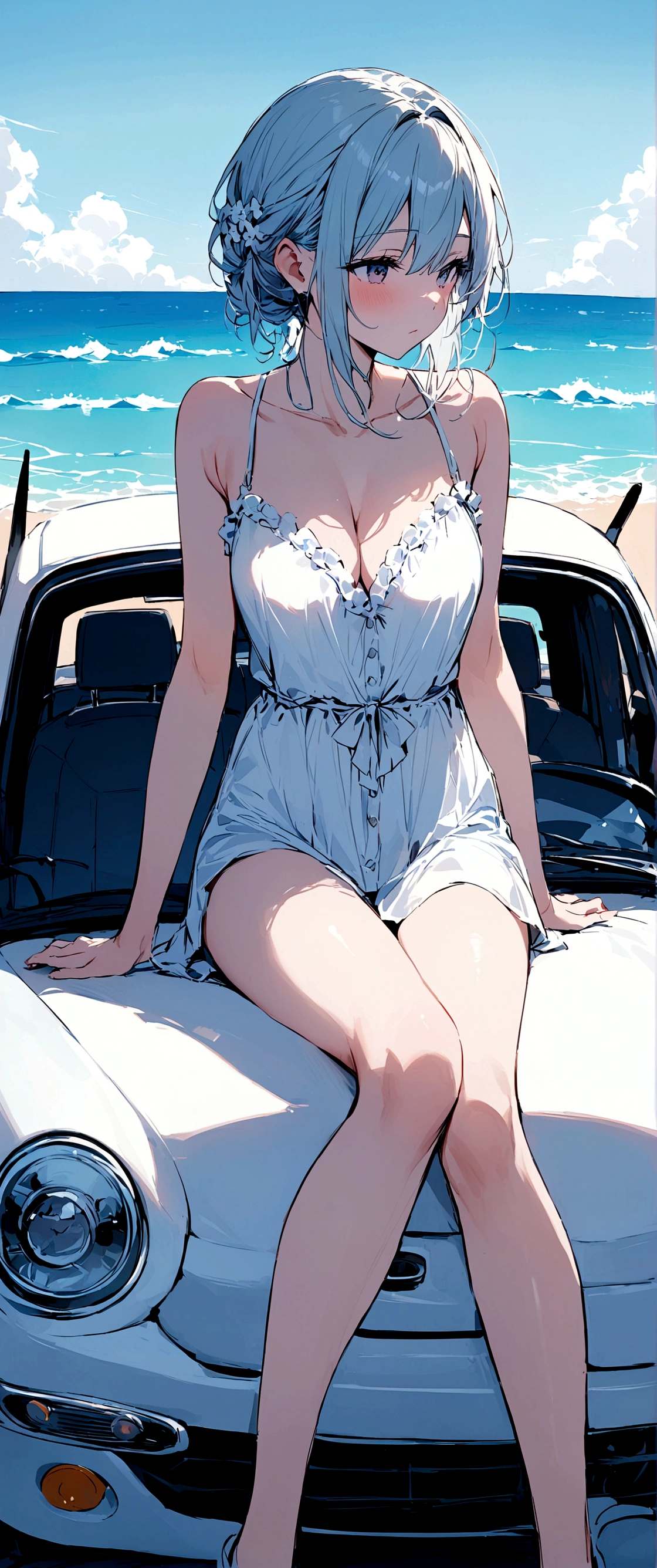 There is the sea in the background、An adult girl sitting on top of a cute car is listening to music while looking at the sea