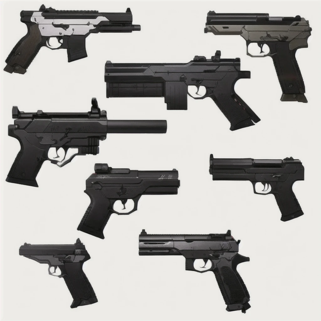 アニメ調の拳gun、a group of six different types of gun on a white background, realistic weapons, realistic gun, Lots of weapons, weaponsコンセプトデザイン, Product photo from Gun Magazine, handgun, リアルなgunのデザイン, pistol, weapons concept art, movie gun器, gun器 photography, gun器, Weapon concept art, Realistic Weapons, 軍事weapons, gun, weapons, Pickle Range