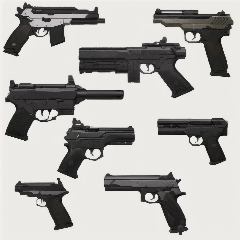 アニメ調の拳gun、a group of six different types of gun on a white background, realistic weapons, realistic gun, Lots of weapons, weaponsコンセプトデザイン, Product photo from Gun Magazine, handgun, リアルなgunのデザイン, pistol, weapons concept art, movie gun器, gun器 photography, gun器, Weapon concept art, Realistic Weapons, 軍事weapons, gun, weapons, Pickle Range