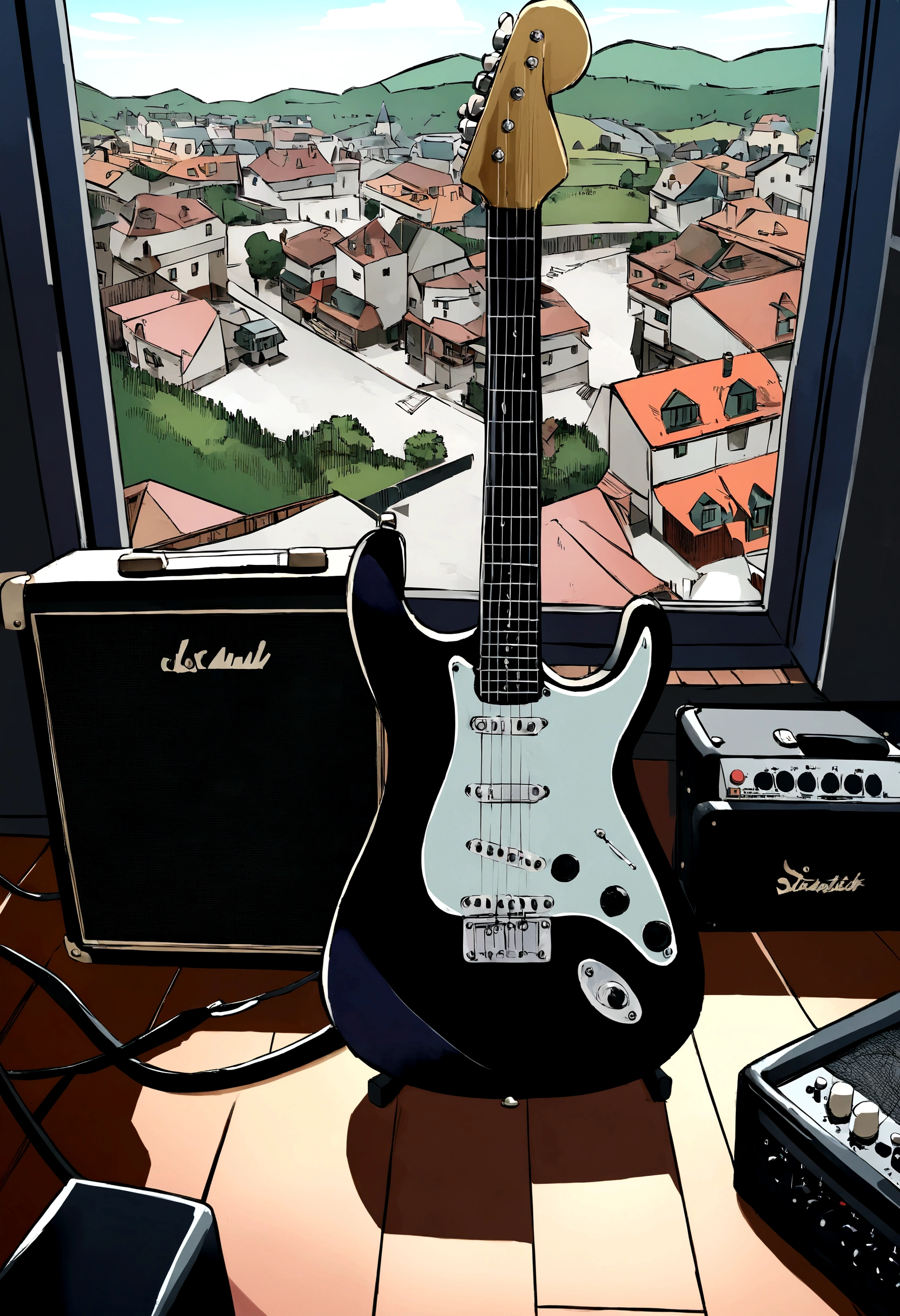 Black Stratocaster guitar and amp on the floor, in a studio room with a town view from the window, DC art style