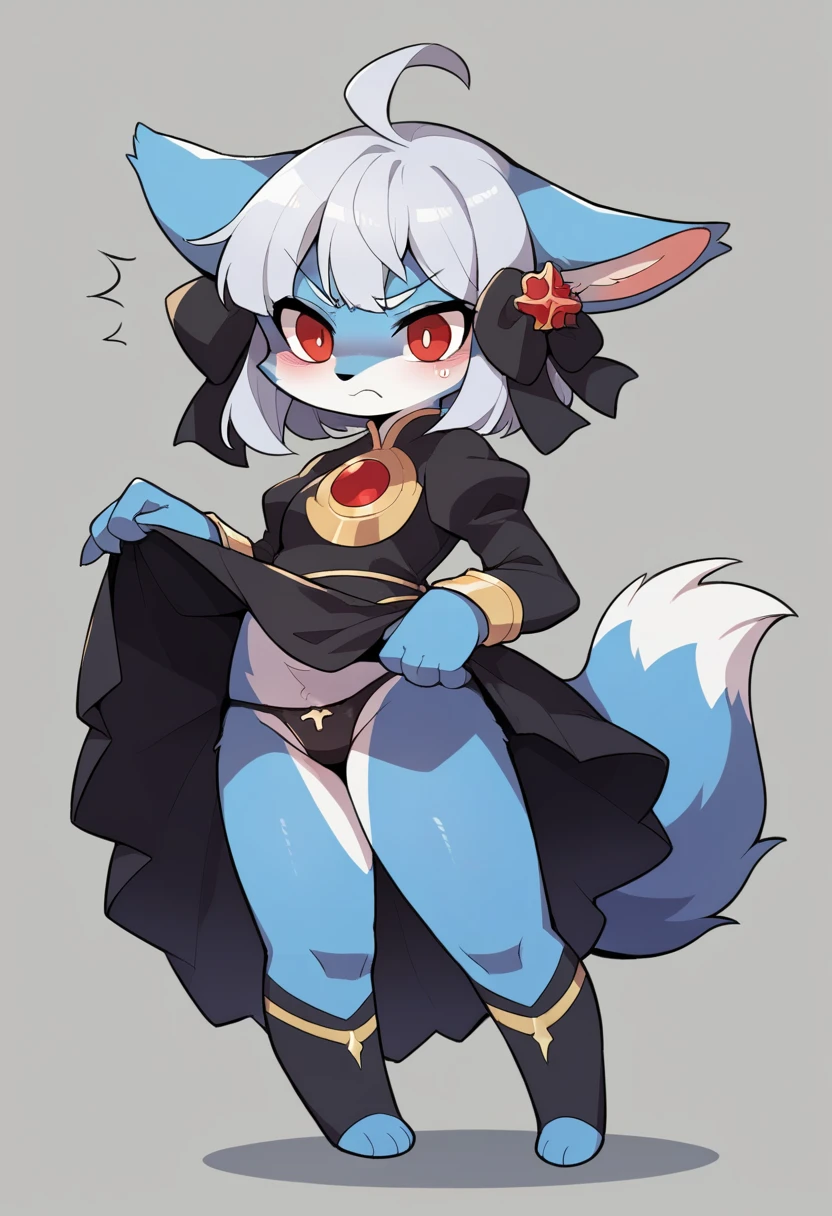((masterpiece)), (Highest quality))), (National costume, same characters, front, ~ side, return), 1 girl,(Big animal ears,White and blue fur,), whole body, Silver Hair, eyes hair, Beautiful red eyes, Princess Cut, Environmental change scene, Short skirt, blush,Angry face,Shyness, woman, girl, Are standing, red and black gothic loli, furry girl,ネズミのgirl, (simple returnground, white returnground: 1.3) ( masterpiece:1.2), (Highest quality:1.3),Leg spread,Black sheer panties,skirt lift