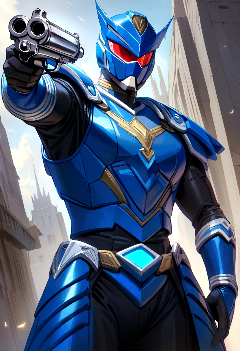 man in blue armor "power rangers", man with revolver in hand, billy