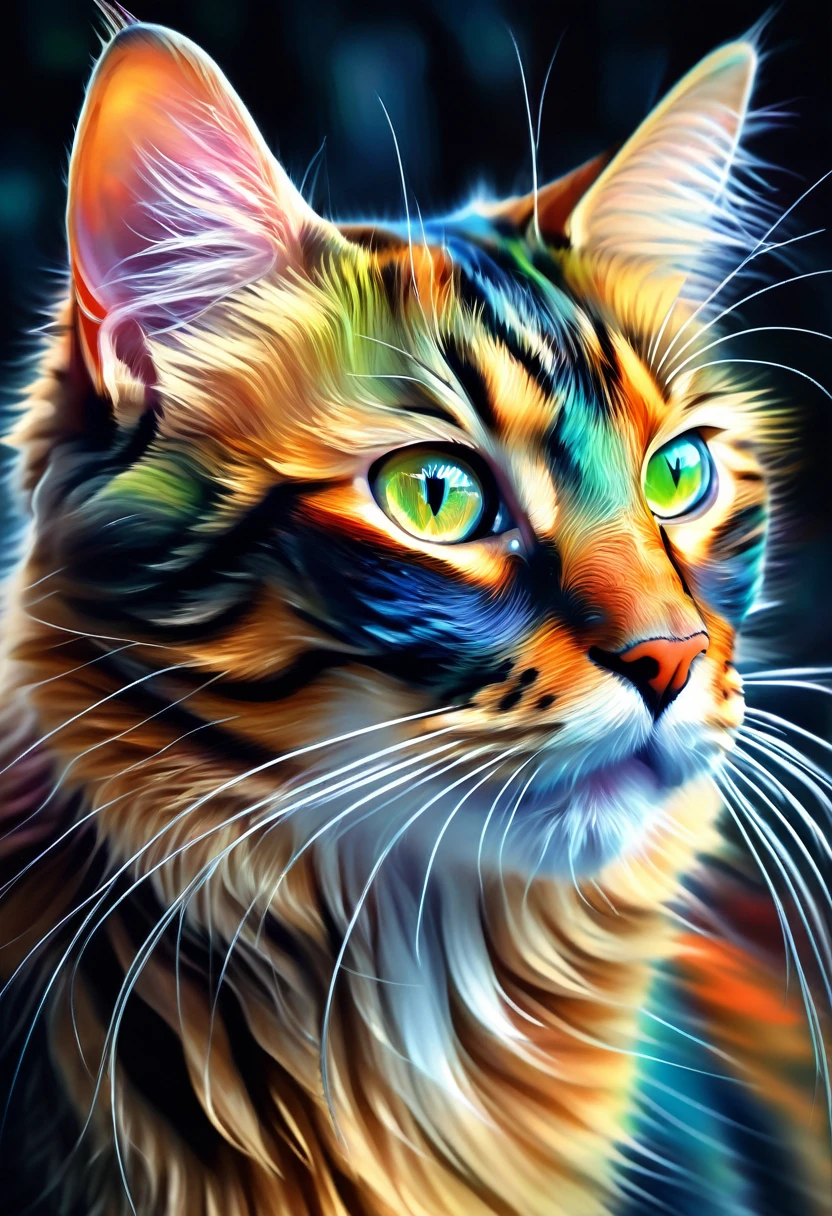 painting of a Cat with a colorful face and long whiskers, Airbrush paintings inspired by Sam Spratt, Trending on Art Station, fur art, Beautiful Art UHD 4K, Just a joke, Detailed painting 4k, Cat. Digital Painting, highly detailed Digital Painting, Digital Painting highly detailed, Highly detailed digital art in 4K, Beautiful digital art