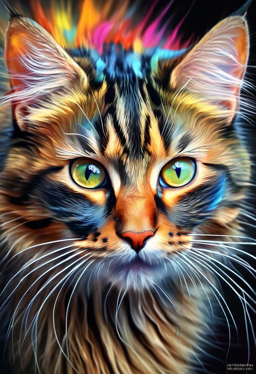 painting of a Cat with a colorful face and long whiskers, Airbrush paintings inspired by Sam Spratt, Trending on Art Station, fur art, Beautiful Art UHD 4K, Just a joke, Detailed painting 4k, Cat. Digital Painting, highly detailed Digital Painting, Digital Painting highly detailed, Highly detailed digital art in 4K, Beautiful digital art