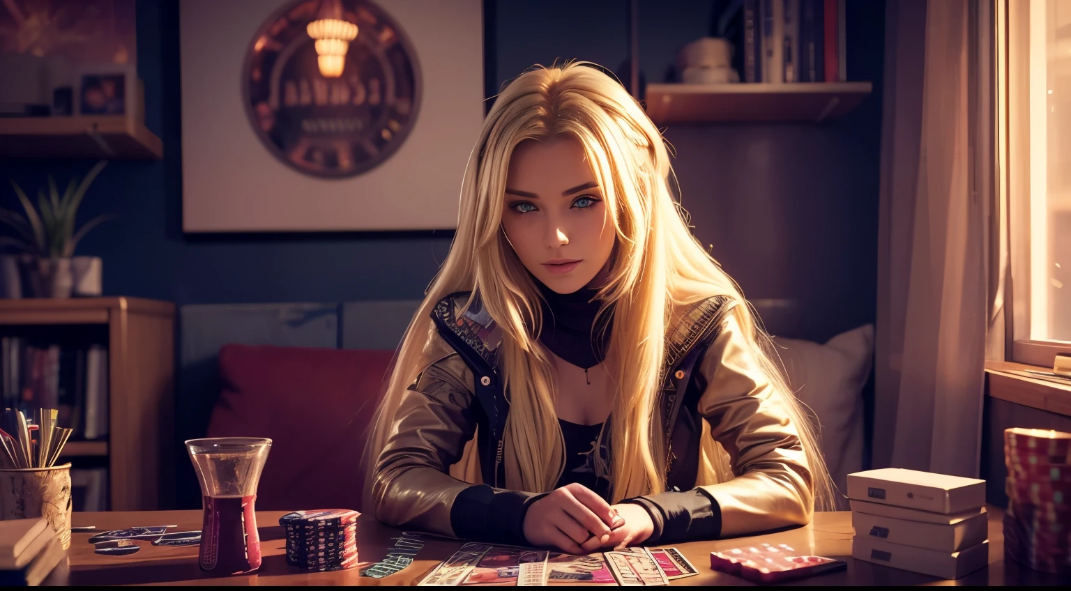 Long Haired blonde Female looking camera and sitting in a Apartment,Blonde,Sitting,Night,Table,Playing Cards,Dust,Artwork,3D,4K,Detailed,Realistic,cyberpunk,cozy,neon lights,retro tech,window