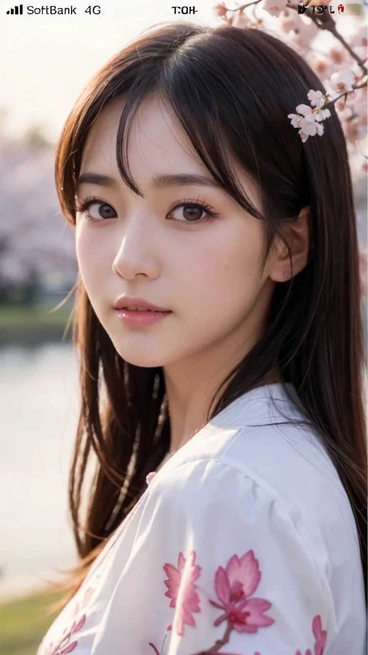 (A logo、masterpiece、8K、masutepiece、Raw photo、Fantastic、Best Quality、Photorealistic、extremely detailed CG unified 8k wallpaper、hightquality、ighly detailed、epic poem、Particle effect、Dynamic effects、depth of fields、Cinematic Light、Lens Flare、Ray tracing)、Fantasia、 (Beauty 1 person、White Japanese Clothing、Japanese dress、White cherry blossom pattern、White cherry blossom embroidery pattern、A dark-haired、Beautiful face、Real Face、Beautiful detail eyes、Beautiful skin)、Hair flutters in the wind、Hair jumps、Pink cherry blossom tree、Petals flutter、Sakura blizzard、Superb view、morning glow、Sun in the background、the wind、Deities、tusk、myth、Vast Land、