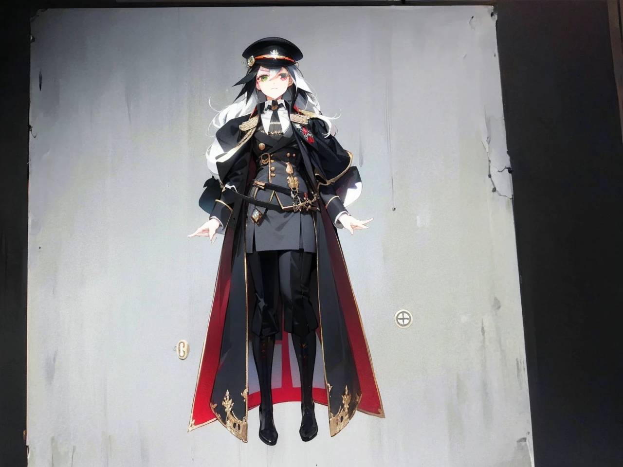 a millitary general with black and white hair, a red and green clockwork eyes.