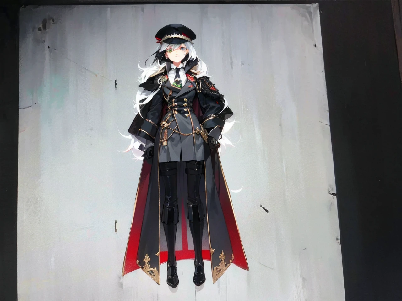 a millitary general with black and white hair, a red and green clockwork eyes.