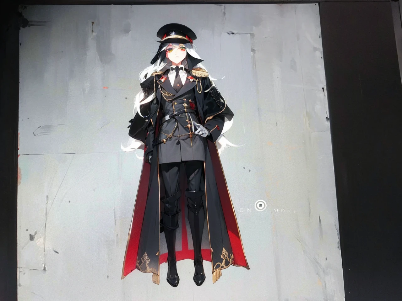 a millitary general with black and white hair, a red and green clockwork eyes.