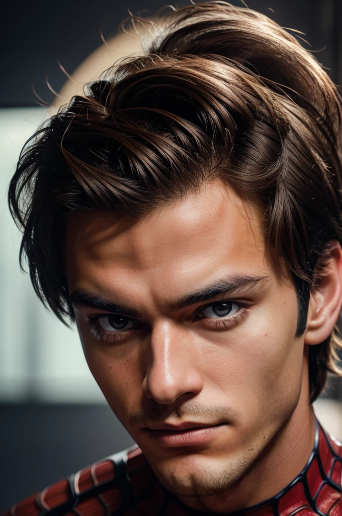 A photograph of spider man, no mask, 20 yo, handsome, detailed face, looking at camera, portrait, 8k uhd, high quality