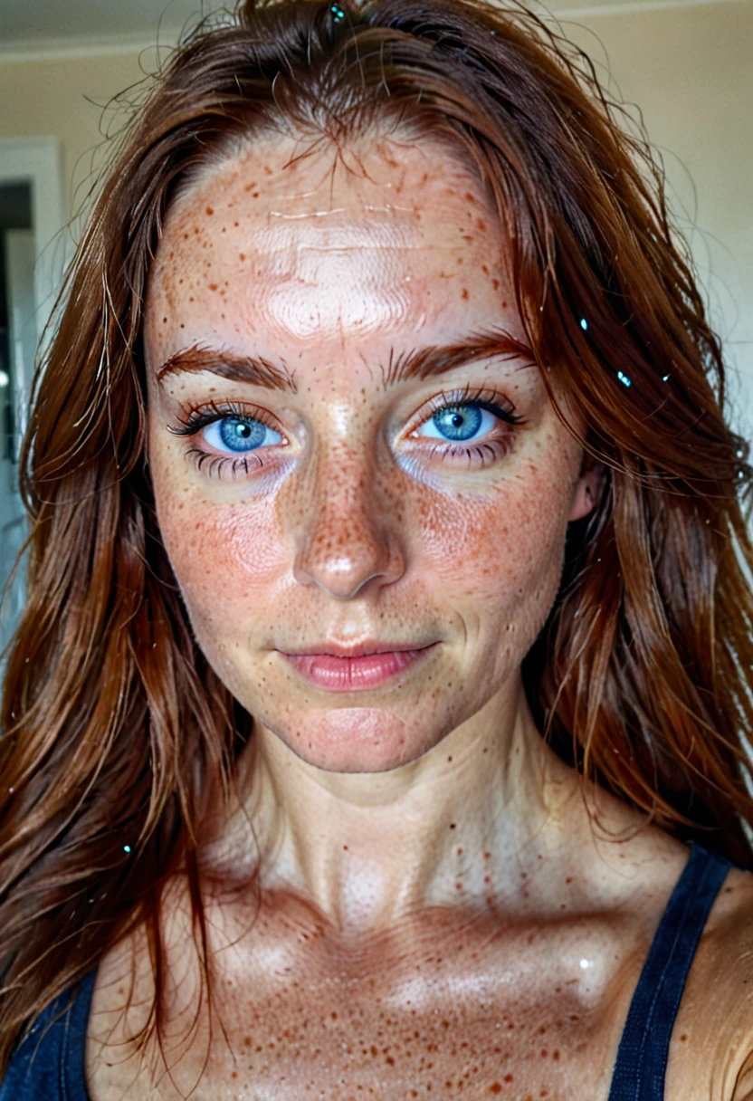Selfie de câmera amadora de mulher de 60 anos, chestnut hair, low exposure, low lighting, non-professional natural lighting, realistic lighting, black light, low light, female with low freckles on her face and blue eyes with prominent eye lashes, hyper realisic skin all over her, beautiful face, face detailed, image noise, shot on iPhone, barely visible impurities, slight freckles, Detailed texture skin, poorly detailed skin pores,low impurities on the face, eyes details, eyebrow details showing each individual hair, minimal, mild redness and imperfections around the eyelids, Low-quality lighting, holding the phone with the left hand, no lights on, Selfie, black tee, huge ass , slightly smiling looking sexy, realisic skin, long messy hair, light skin caucasian american, pretty long hair, long messy hair, face neutral, low freckles, normal blue eyes, spots, acne, black waring t-shirt, Showing your cleavage, Inside the house