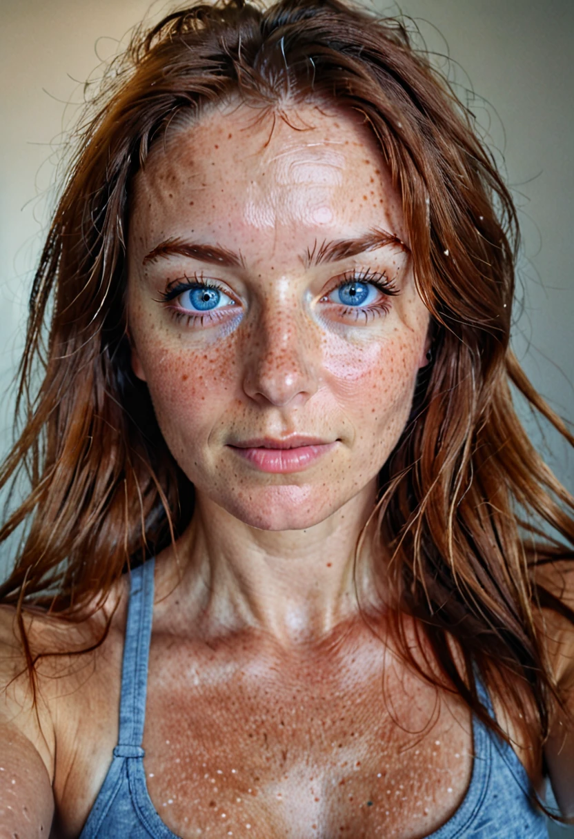 Selfie de câmera amadora de mulher de 60 anos, chestnut hair, low exposure, low lighting, non-professional natural lighting, realistic lighting, black light, low light, female with low freckles on her face and blue eyes with prominent eye lashes, hyper realisic skin all over her, beautiful face, face detailed, image noise, shot on iPhone, barely visible impurities, slight freckles, Detailed texture skin, poorly detailed skin pores,low impurities on the face, eyes details, eyebrow details showing each individual hair, minimal, mild redness and imperfections around the eyelids, Low-quality lighting, holding the phone with the left hand, no lights on, Selfie, black tee, huge ass , slightly smiling looking sexy, realisic skin, long messy hair, light skin caucasian american, pretty long hair, long messy hair, face neutral, low freckles, normal blue eyes, spots, acne, black waring t-shirt, Showing your cleavage, Inside the house