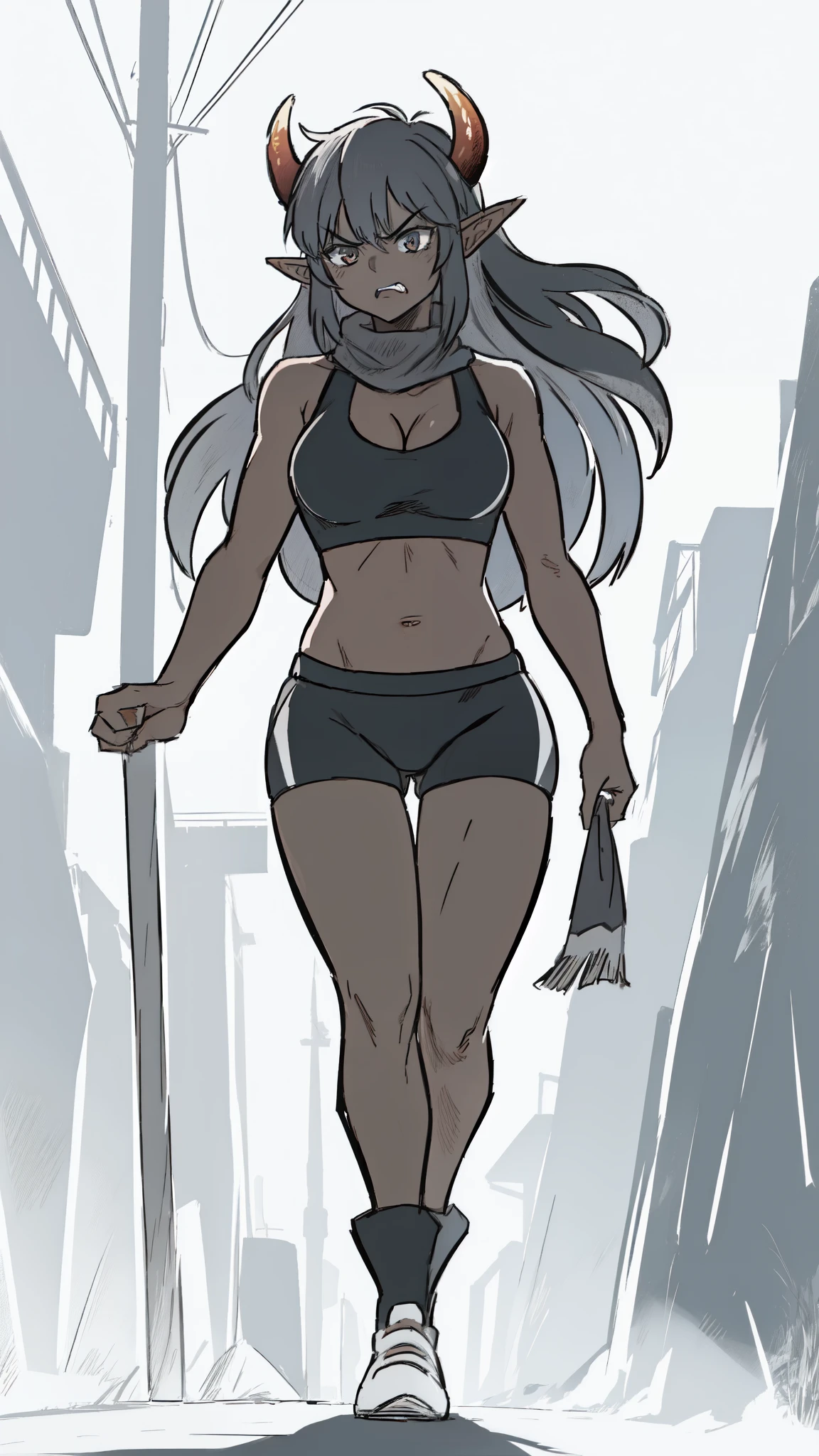 1girl ,25s,adult,tall,angry face,long hair, black hair,horns,elf ears,((black scarf)),cleavage,((dark skin)),(black sports bra, midriff),walking,