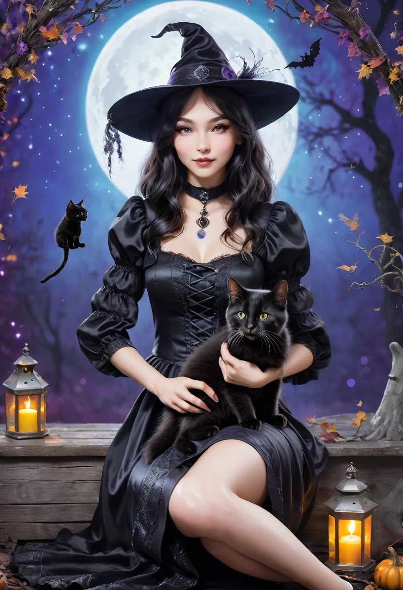 witch, gracefully sitting playing with a black kitten,magical background