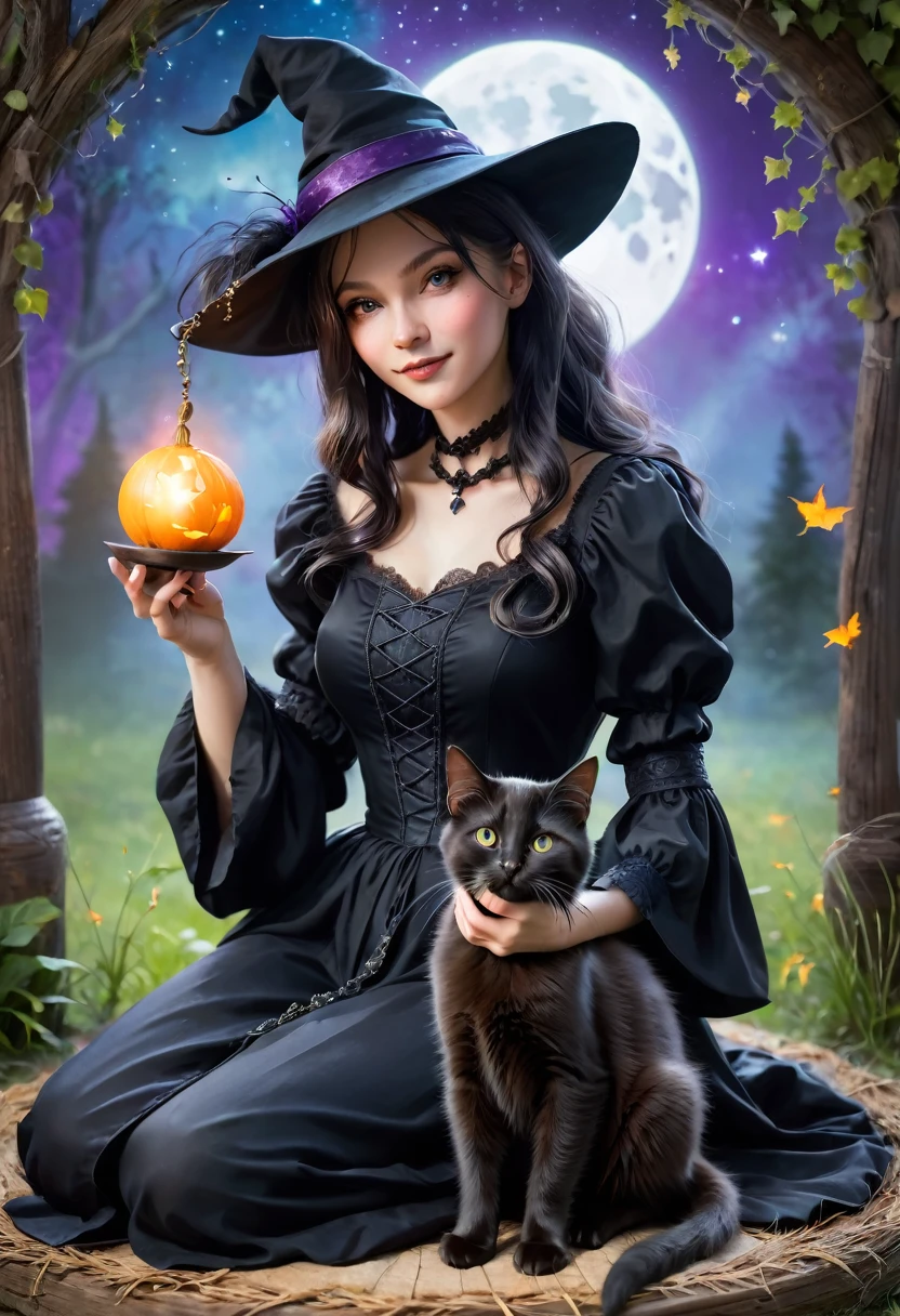  witch, gracefully sitting playing with a black kitten,magical background 